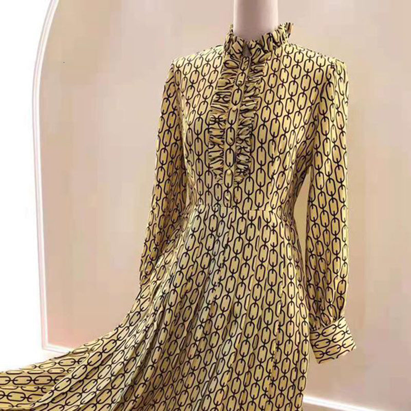 Chain print silk dress with wood ears