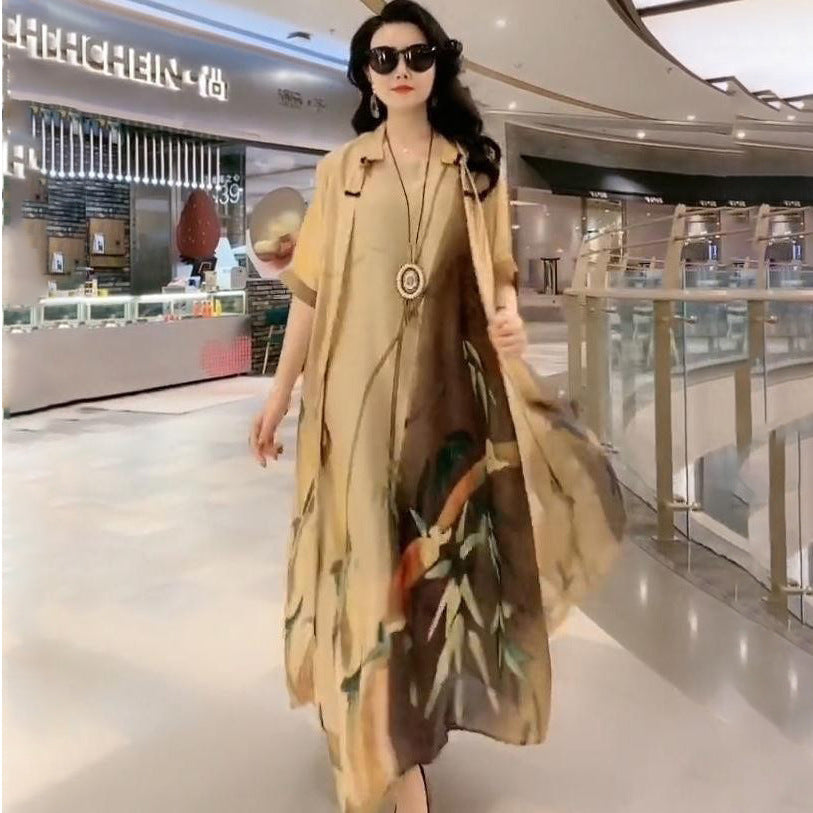 Cross-border New Arrival Artificial Silk Blended Dress Two-piece Loose Suit Printed Skirt