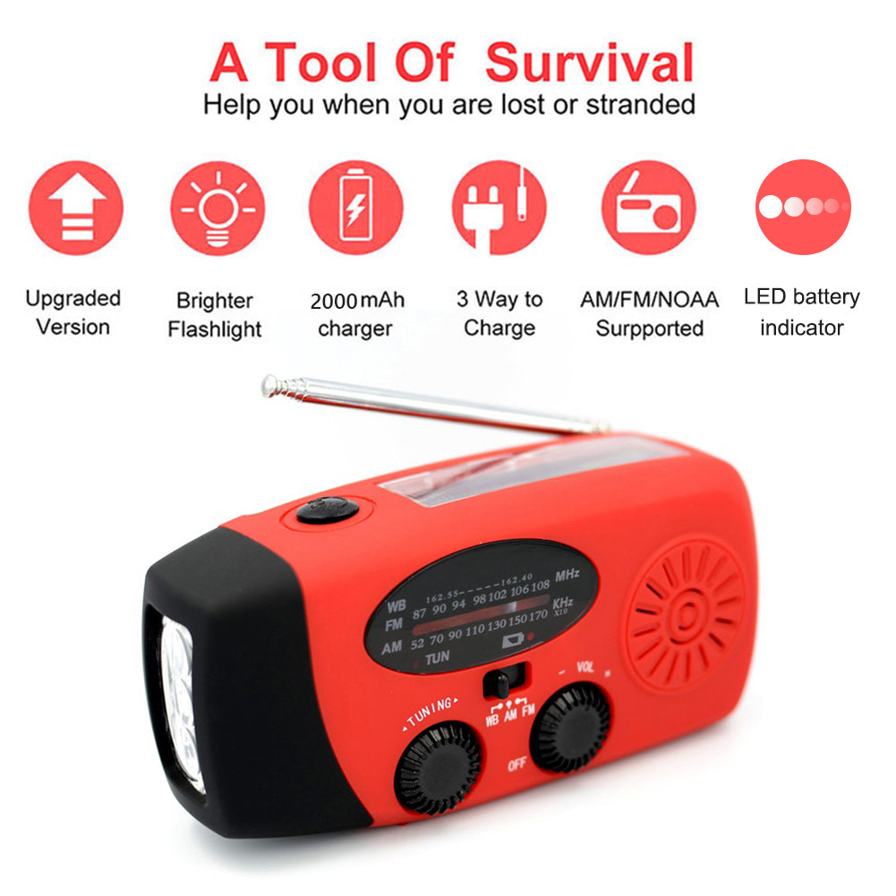 Solar energy hand-held emergency radio flashlight