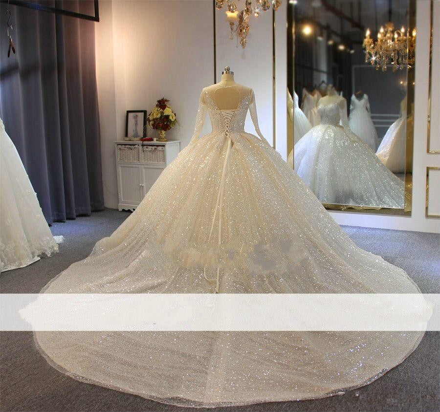 Long Sleeve Round Neck High Waist Wedding Dress