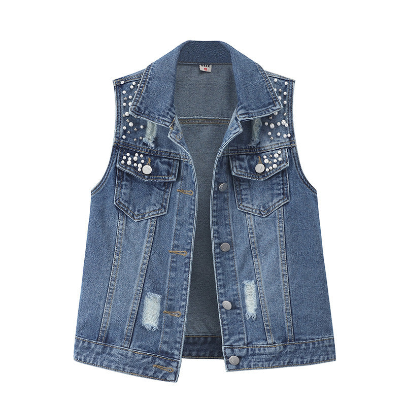 Beaded Denim Vest Women Loose Fashion Vest Vest