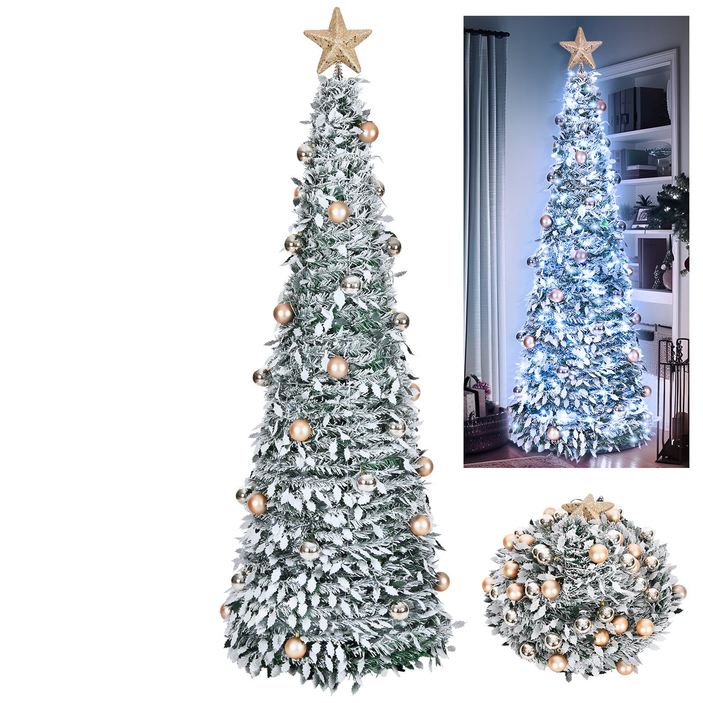 6ft 8 Modes Pre-Decorated Pre-lit Pop Up Christmas Tree Snow-Flocked Christmas Tree Collapsible Christmas Tree 150 LED Warm White Light For Christmas Holiday Decoration