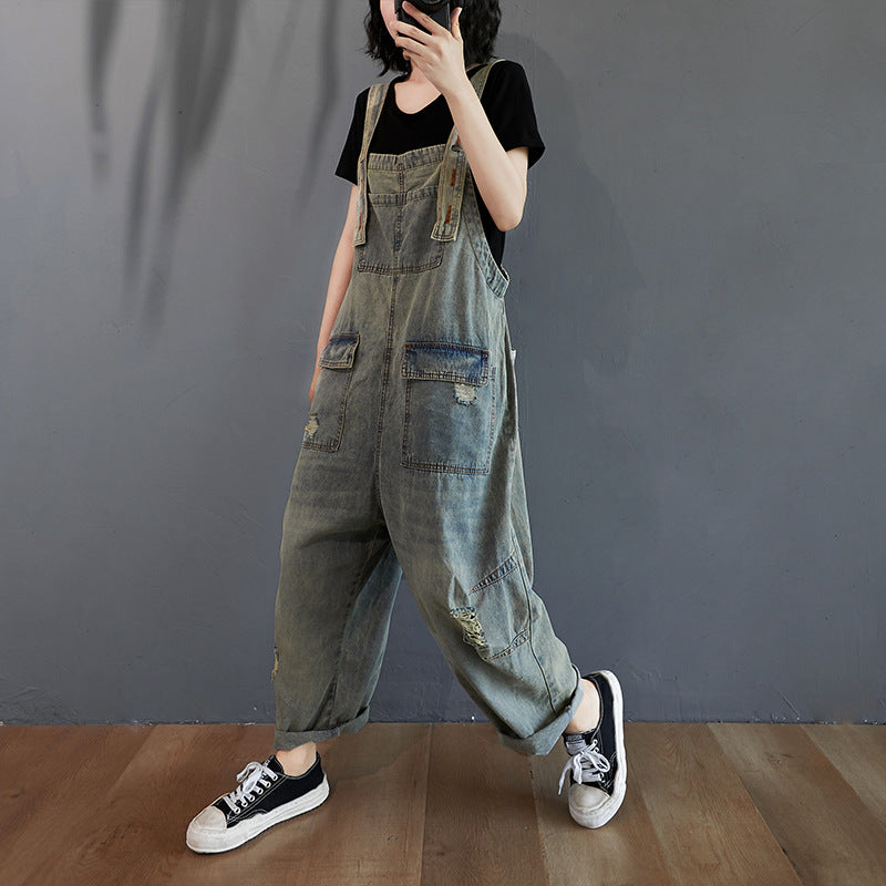 Women's Summer Retro Nostalgic Ripped Denim Overalls