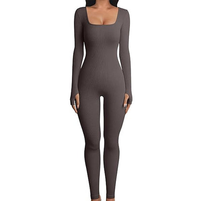 Women's Yoga Sports Fitness Jumpsuit Workout Long Sleeve Square Collar Clothing - MediaEclat.store