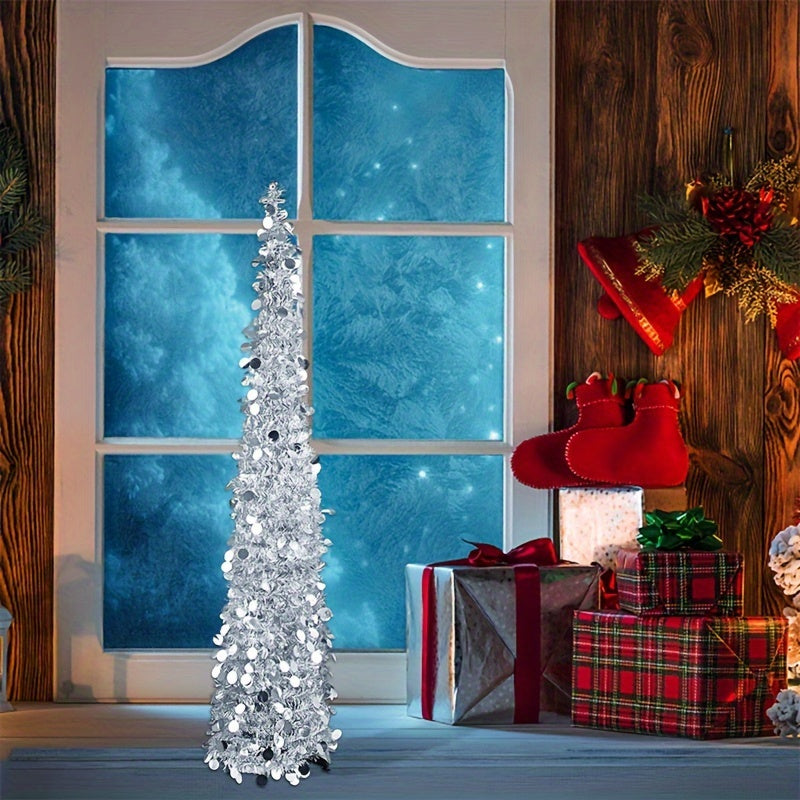 60-Inch Pop-Up Christmas Tree with Stand - Silvery Tinsel, Foldable Artificial Holiday Decor for Home, Garden, Office, and Cafe - Indoor/Outdoor Use