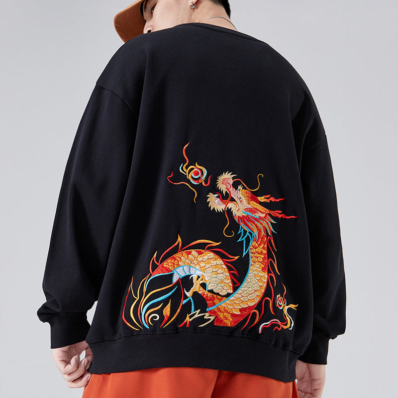 Chinese style dragon embroidery sweater plus velvet padded base shirt