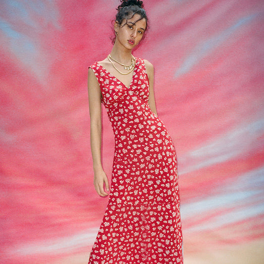 Women's Printed Deep V Dress Lace-up Dress