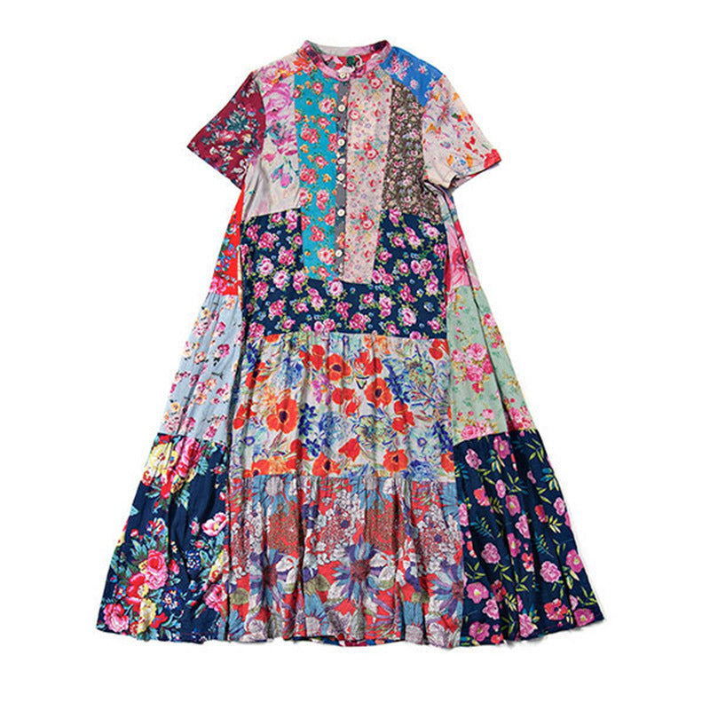 Summer Cotton Printed Ethnic Style Color Contrast Patchwork Pastoral Short Sleeve Dress