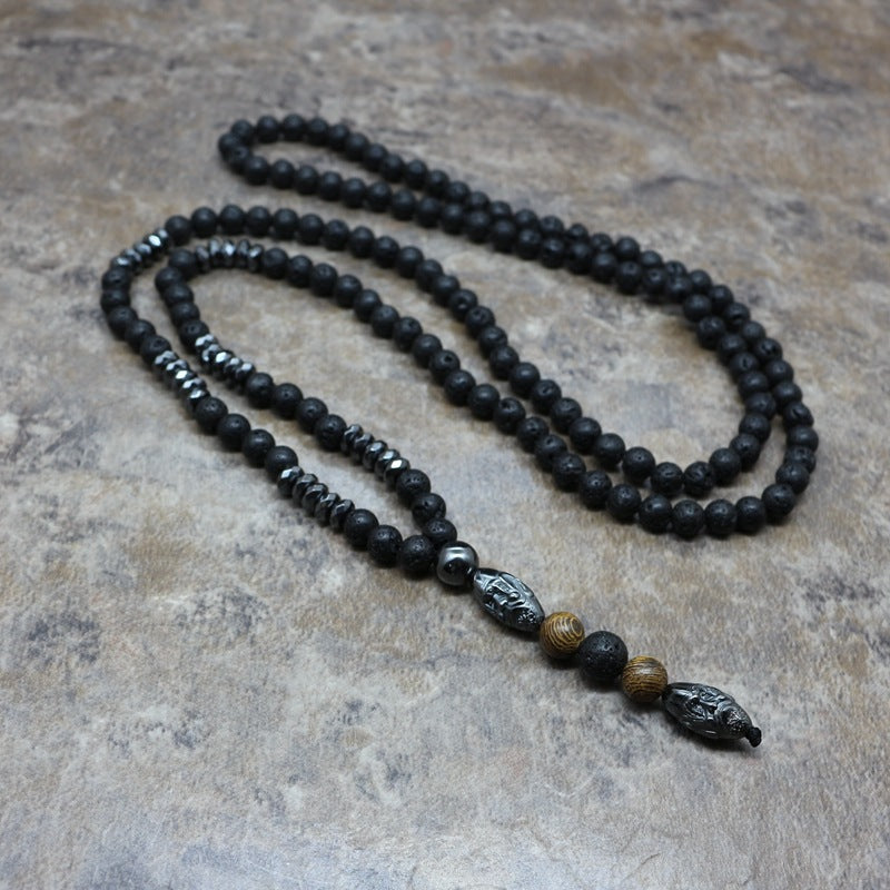 Men's Necklace 6mm Lava Rock Pendant Men's Rosary Necklace