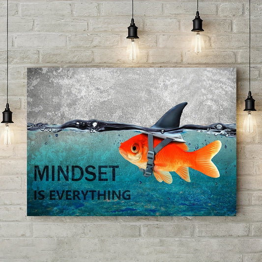 Mindset is Everything" - Motivational Canvas Wall Art with Blue Goldfish & Shark, Frameless Inspirational Quote Poster for Office, Bedroom, Bathroom Decor | Modern Minimalist Design, Indoor Use, Motivational Wall Art