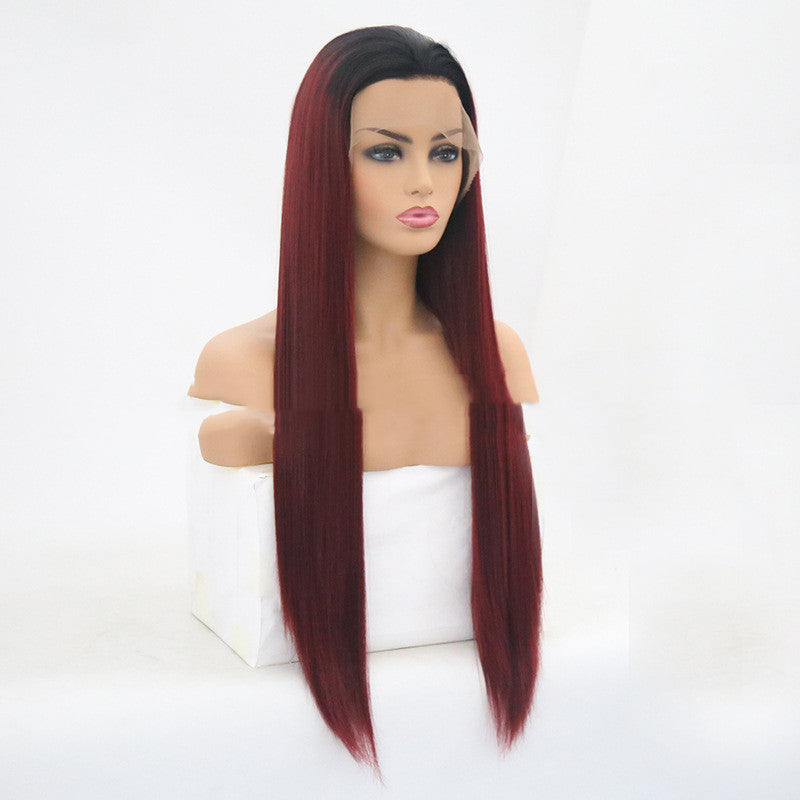 Burgundy Trellis With Long Straight Hair Chemical Fiber Headgear