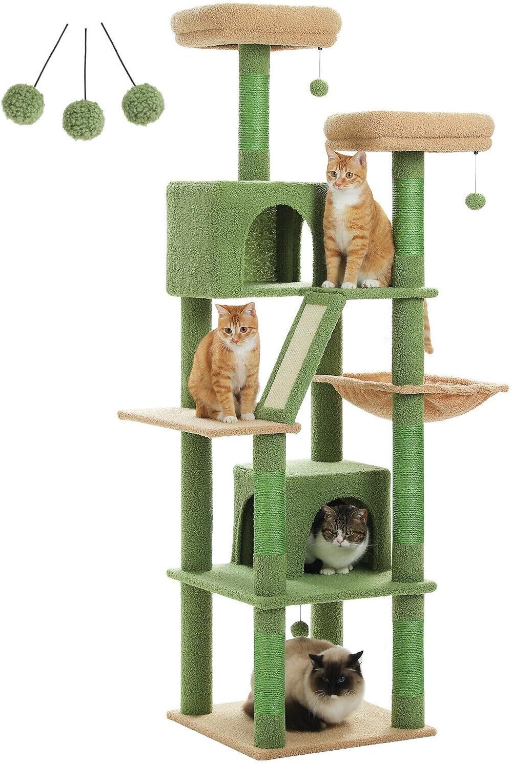 PAWZ Road 180cm Large Cat Tree For Indoor Cats, Multi-Level Cat Tower Cat Scratching Post With 2 Perches, 2 Condos, Hammock And 2 Pompoms Grey - MediaEclat.store