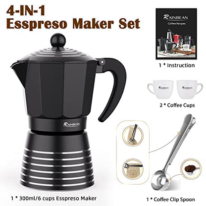 Stovetop Espresso Maker 6 Cup 300ml, Aluminum Moka Pot Gift Set, Italian Cuban Greca Coffee, Easy To Use & Clean - Set Including 2 Cups, Spoon, Black, Perfect Gifts For Coffee Lovers - MediaEclat.store