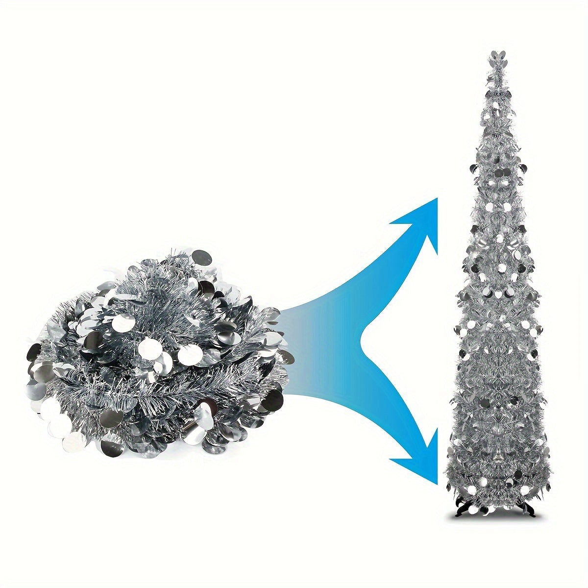 60-Inch Pop-Up Christmas Tree with Stand - Silvery Tinsel, Foldable Artificial Holiday Decor for Home, Garden, Office, and Cafe - Indoor/Outdoor Use