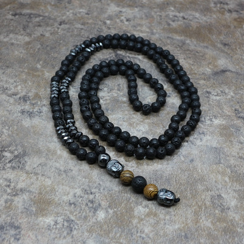 Men's Necklace 6mm Lava Rock Pendant Men's Rosary Necklace