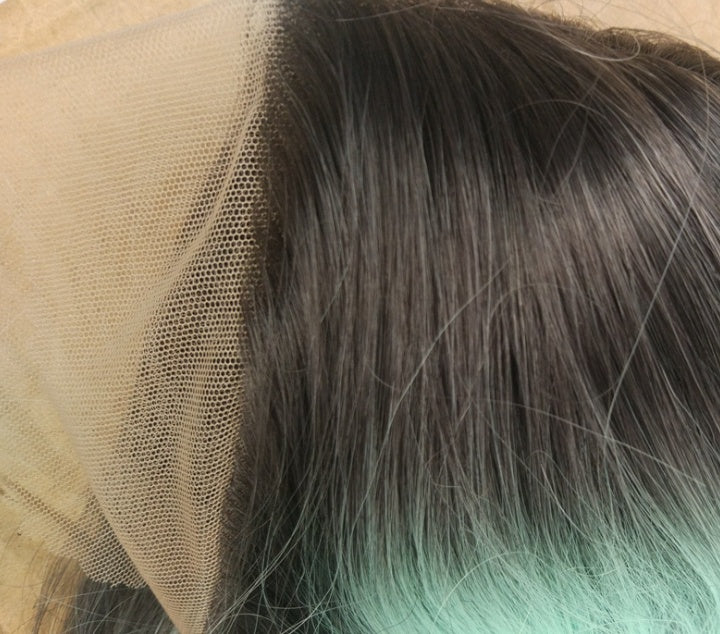 Front Lace Wig Long Straight Hair Female Middle Gradient Ombre Green Chemical Fiber Hood