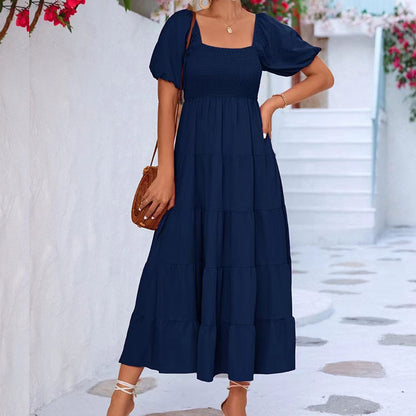 Solid Color Square Collar Short Sleeve A- Line Midi Dress