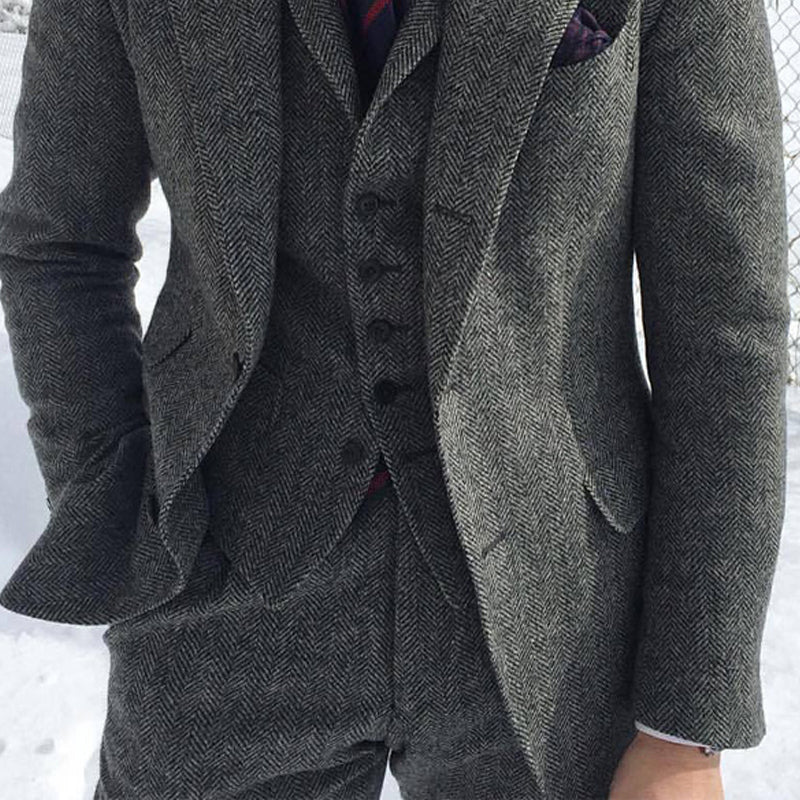 Men's Grey Wool Tweed Blazer Pant Set - MediaEclat.store