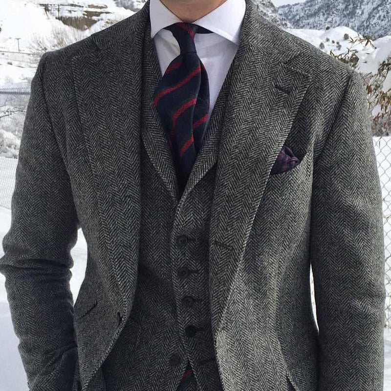 Men's Grey Wool Tweed Blazer Pant Set - MediaEclat.store