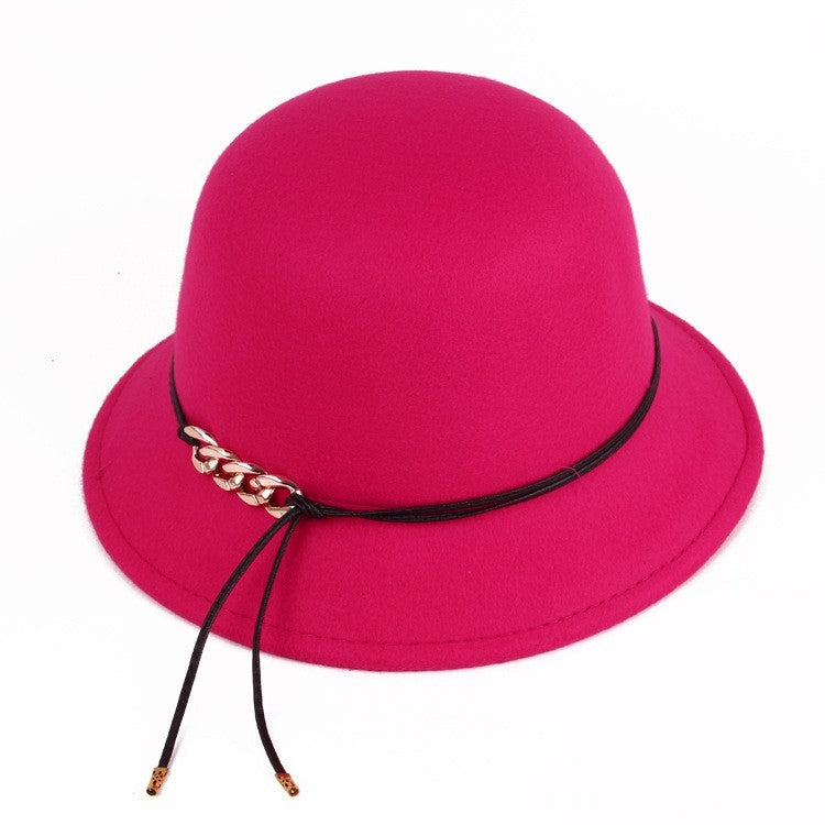 Solid Color Woolen Round Cap Chain Decoration Women's Basin Hat