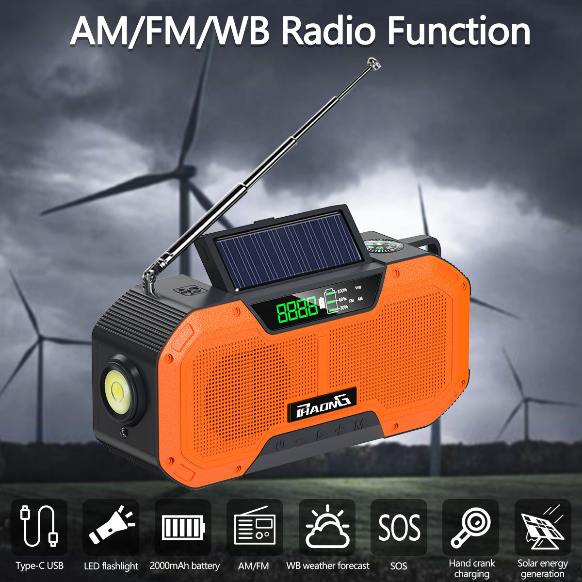 Outdoor Waterproof And Disaster Prevention Emergency Multi-function Solar Hand-cranked Radio