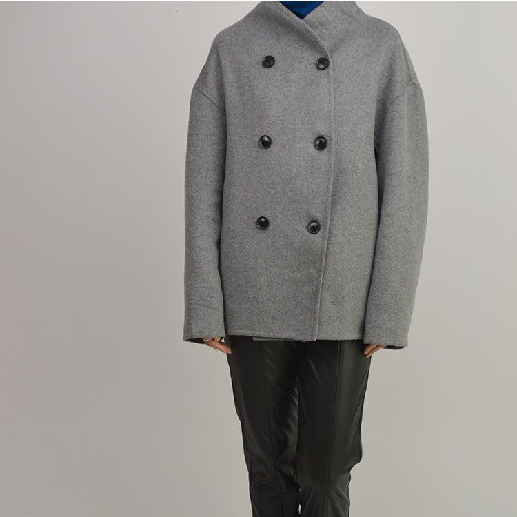 Small Stand Collar Wool Short Gray Coat - MediaEclat.store