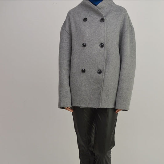 Small Stand Collar Wool Short Gray Coat - MediaEclat.store