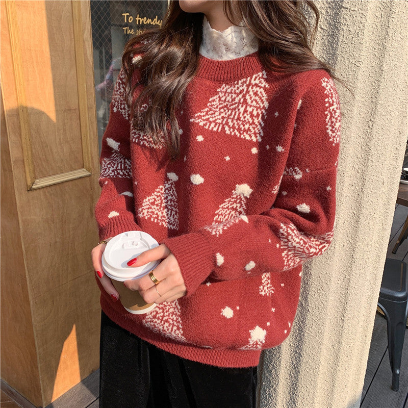 Red Christmas Tree Jacquard Warm Sweater Women