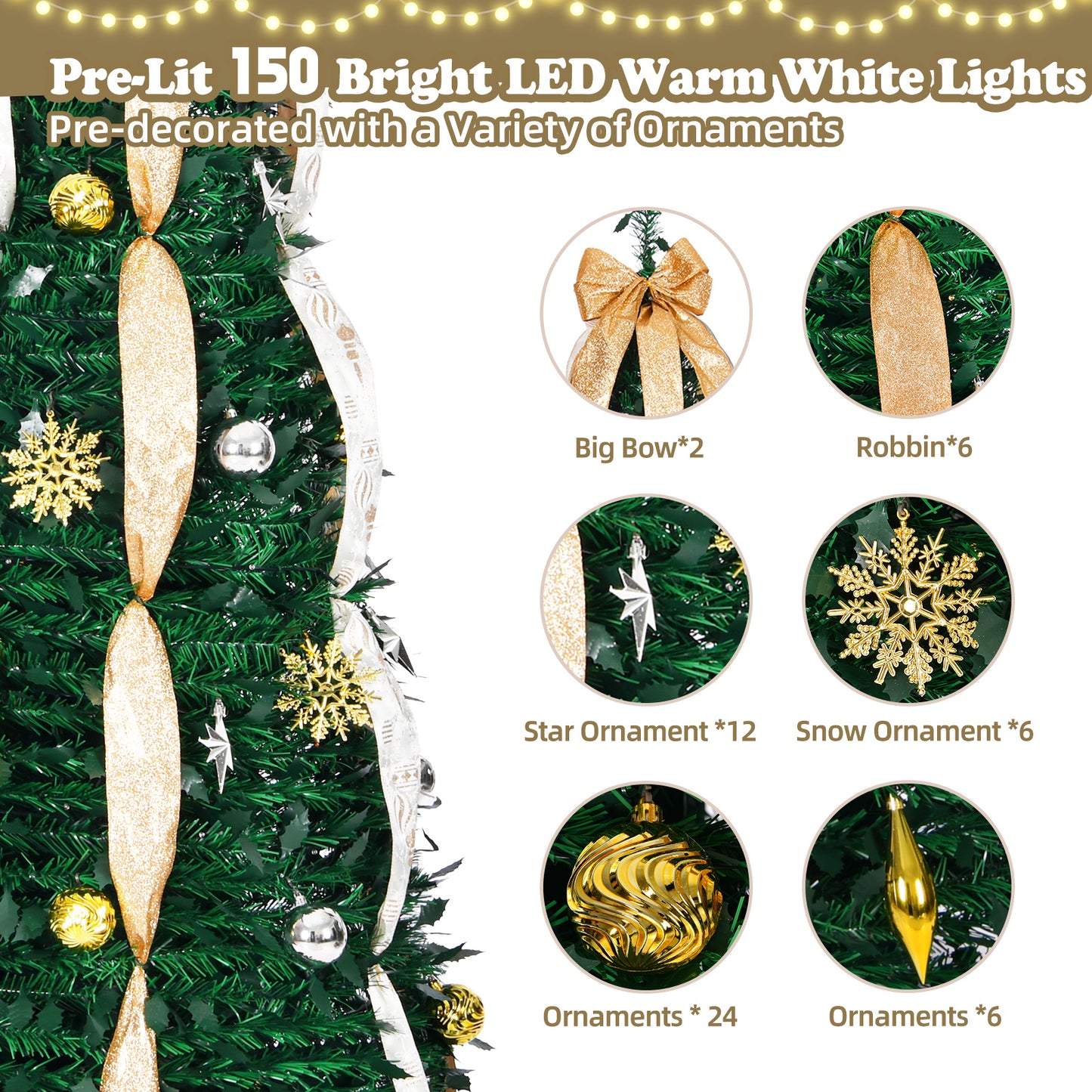 6ft 8 Modes Pre-Decorated Pre-lit Pop Up Christmas Tree Snow-Flocked Christmas Tree Collapsible Christmas Tree 150 LED Warm White Light For Christmas Holiday Decoration