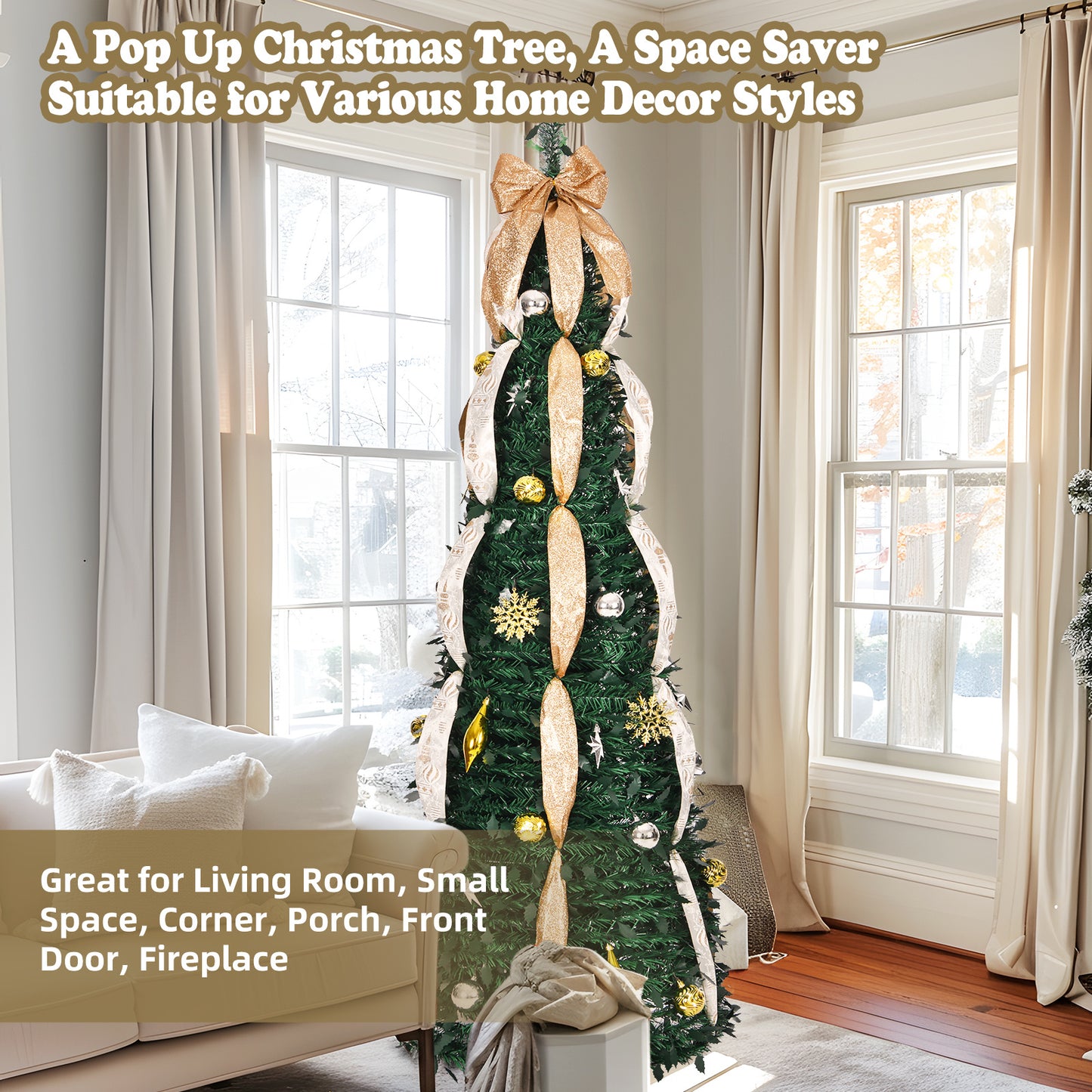 6ft 8 Modes Pre-Decorated Pre-lit Pop Up Christmas Tree Snow-Flocked Christmas Tree Collapsible Christmas Tree 150 LED Warm White Light For Christmas Holiday Decoration