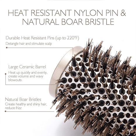 Round Brush SUPRENT Round Brush With Natural Boar Bristles,Nano Thermic Ceramic Coating & Ionic Roller Hairbrush For Blow Drying, Curling&St