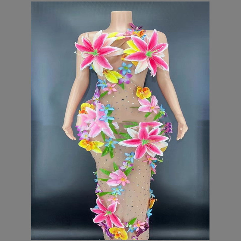 Sleeveless Dress Rhinestone Floral Skirt Stage Costume