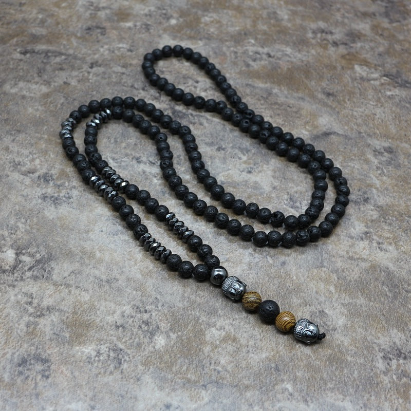 Men's Necklace 6mm Lava Rock Pendant Men's Rosary Necklace