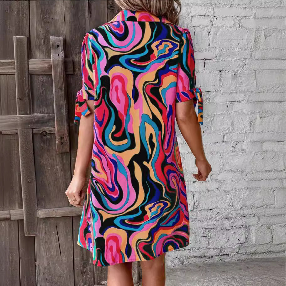 European And American Fluid Print Shirt Dress Half Sleeve Bow Casual