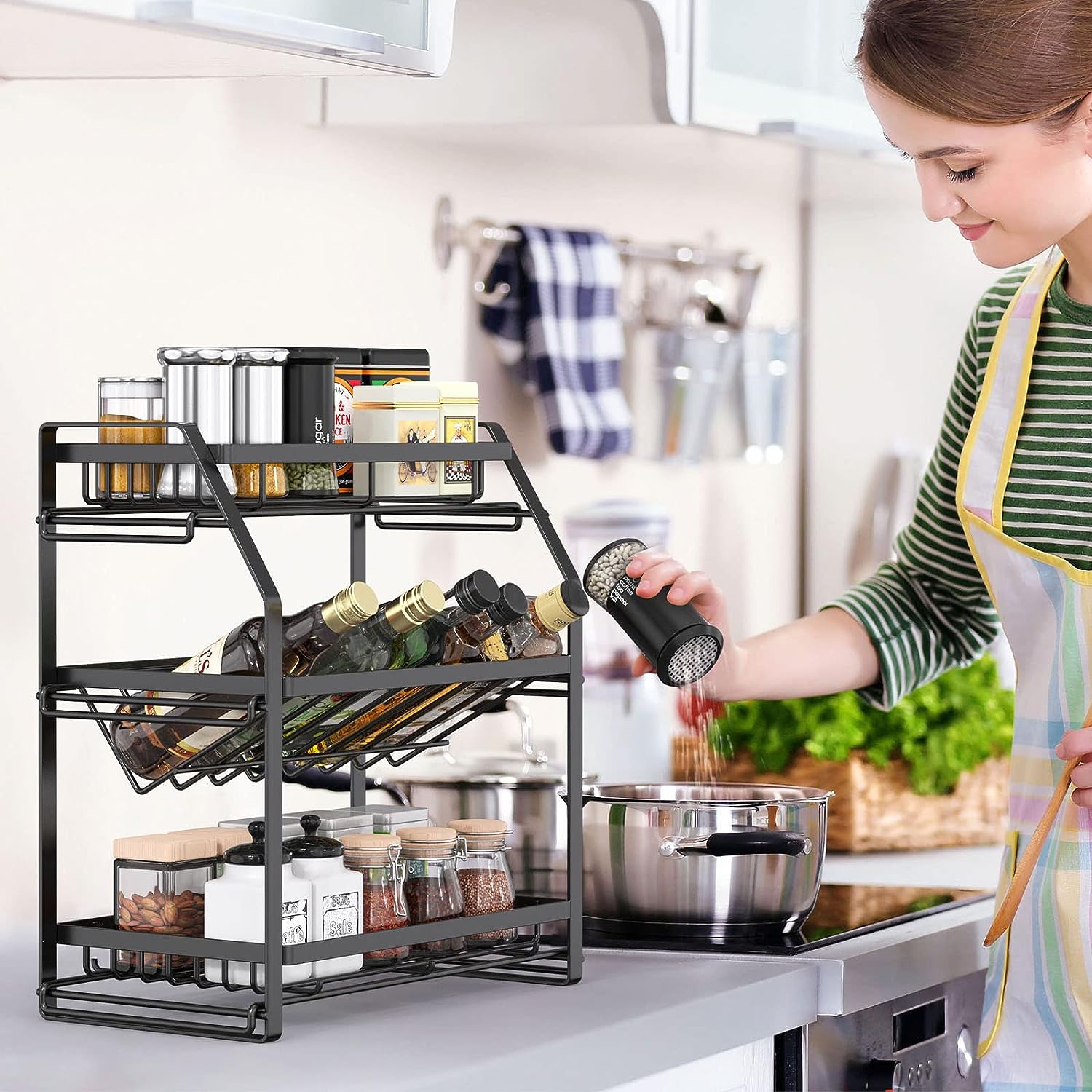 Spice Rack Organizer, 3-Tier Seasoning Organizer, Kitchen Spice Shelf, Countertop Organizer For Bathroom Vanity Kitchen-Black - MediaEclat.store