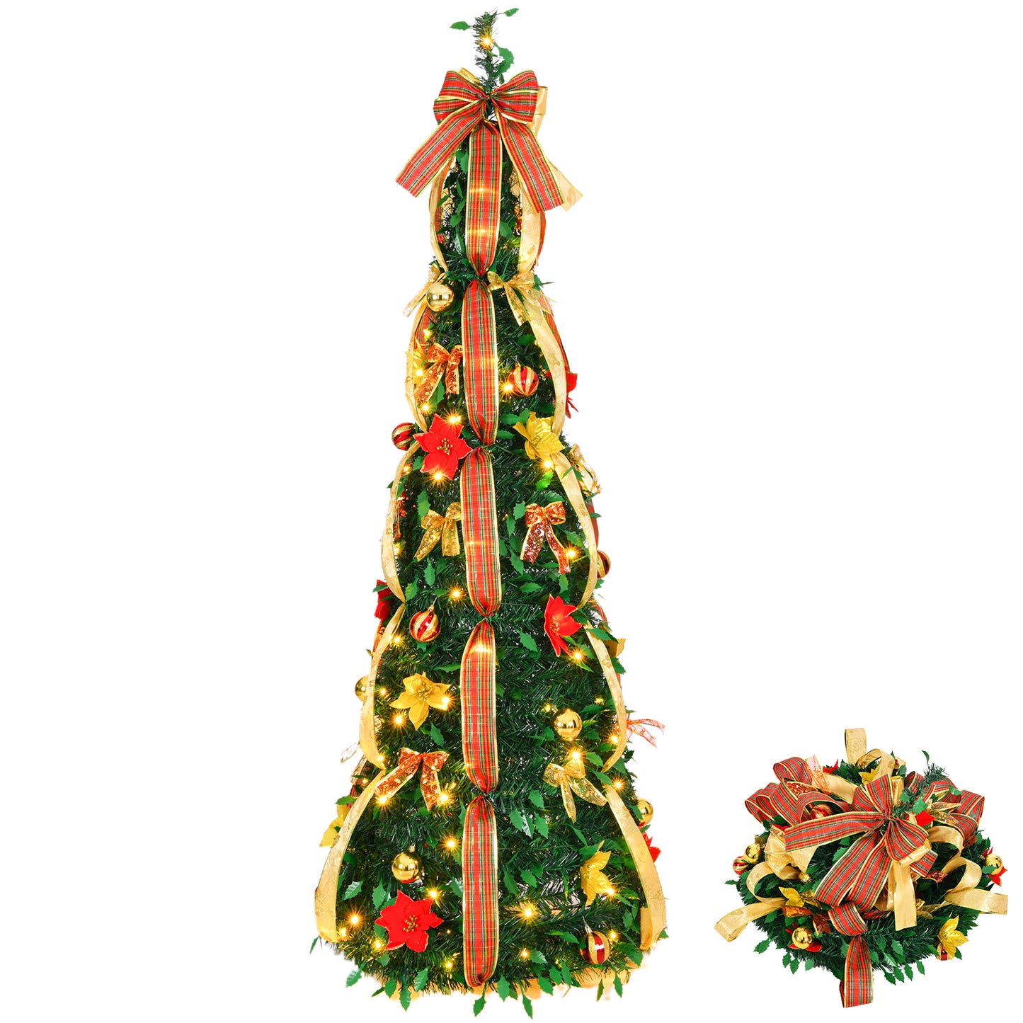 6ft 8 Modes Pre-Decorated Pre-lit Pop Up Christmas Tree Snow-Flocked Christmas Tree Collapsible Christmas Tree 150 LED Warm White Light For Christmas Holiday Decoration