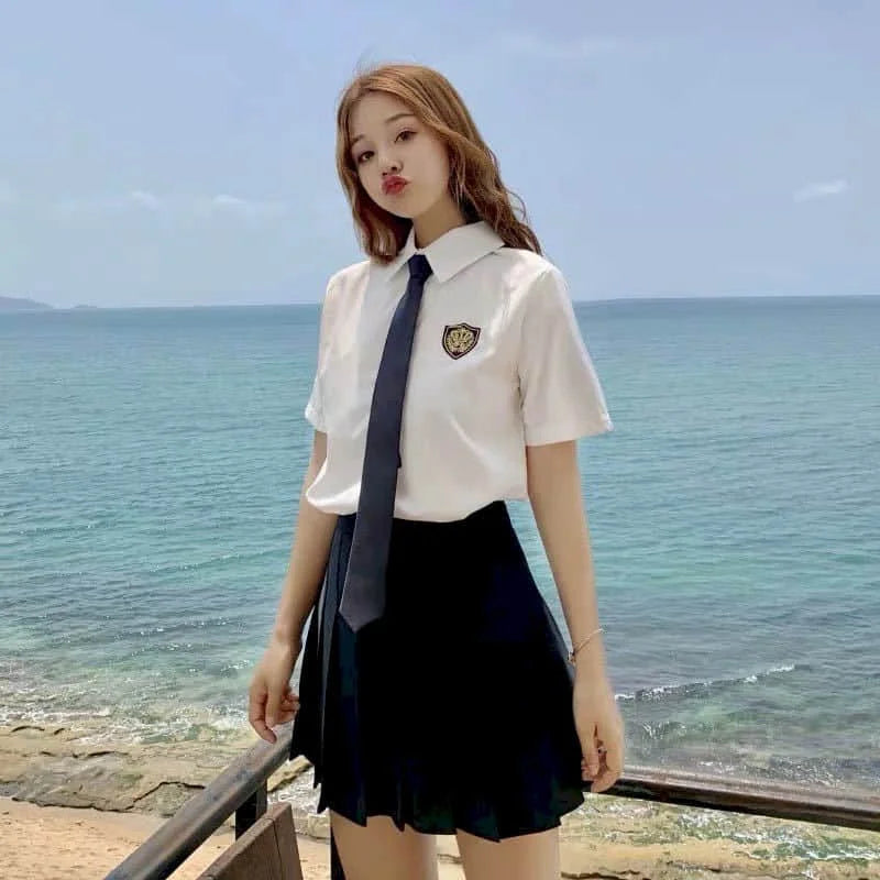 School Girl Uniform Two-piece College Style Pleated Skirt Suits Women's Suits Summer Loose Shirt Female Student Korean Uniform