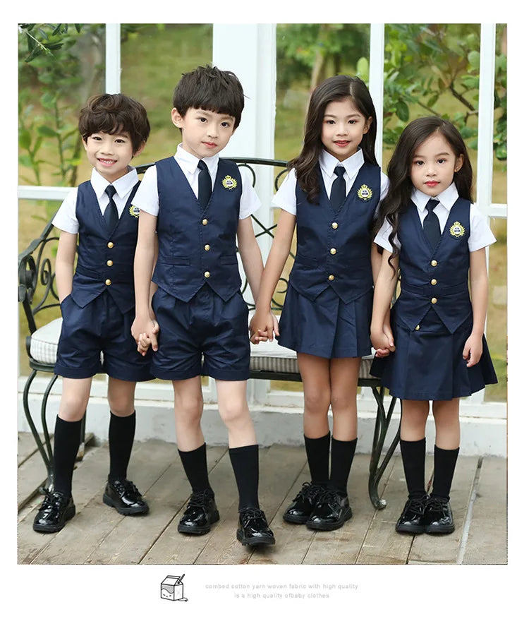 Japanese Student School Uniforms Set Suit for Girls Boys Waistcoat Vest Shirt Skirt Shorts Tie Performance Formal Clothing Set