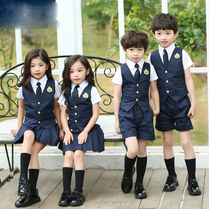 Japanese Student School Uniforms Set Suit for Girls Boys Waistcoat Vest Shirt Skirt Shorts Tie Performance Formal Clothing Set