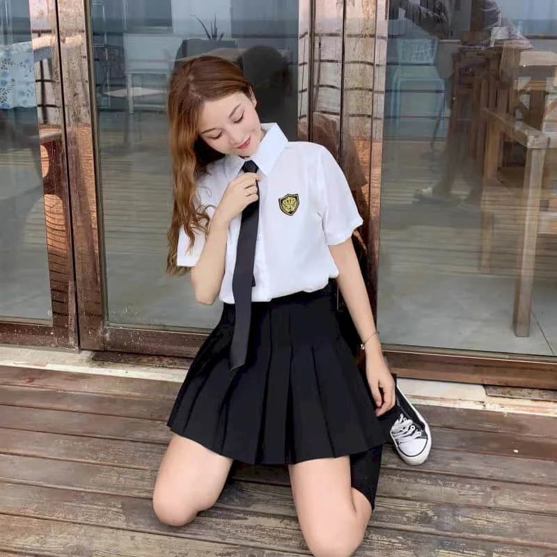 School Girl Uniform Two-piece College Style Pleated Skirt Suits Women's Suits Summer Loose Shirt Female Student Korean Uniform