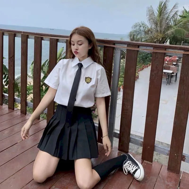 School Girl Uniform Two-piece College Style Pleated Skirt Suits Women's Suits Summer Loose Shirt Female Student Korean Uniform