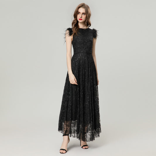 Sequined Lace Feather Flying Sleeves Dress Women