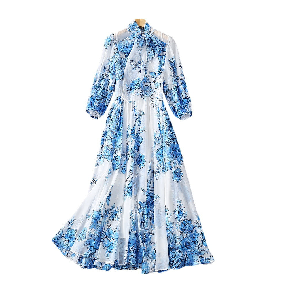 Silk Scarf Collar Blue And White Porcelain Printed Chiffon Fashion Dress