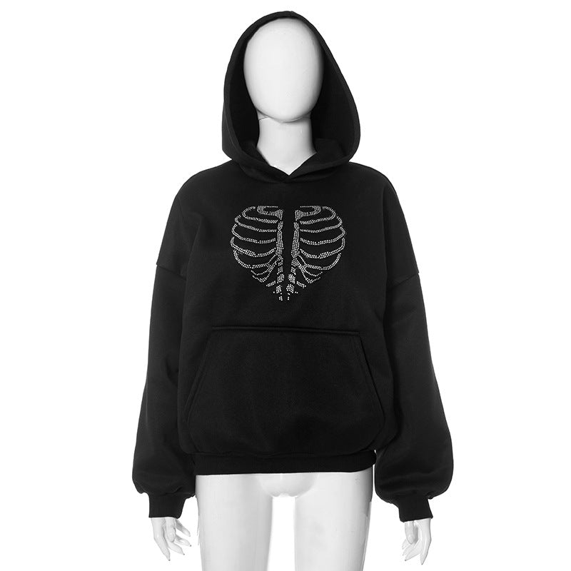 Trendy Skeleton Rhinestone Loose Hooded Sweater - MediaEclat.store