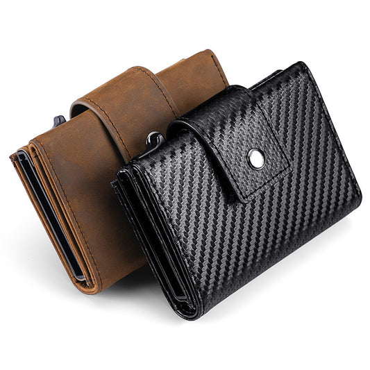 Retro Crazy Horse Leather Automatic Card Holder Men's Carbon Fiber Pattern Leather Pop-up Card Clamp Airtag Snap Wallet - MediaEclat.store