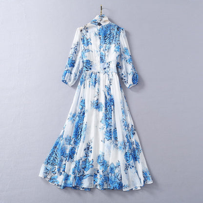 Silk Scarf Collar Blue And White Porcelain Printed Chiffon Fashion Dress