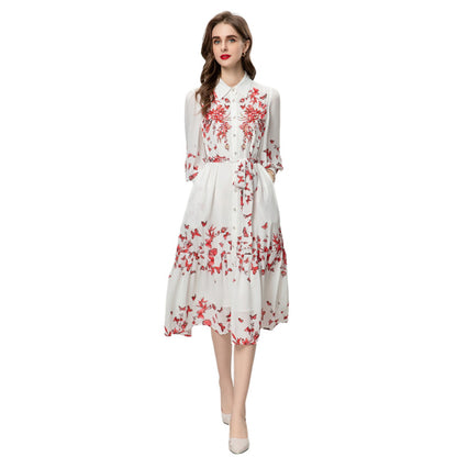 Heavy Industry Beads Printed Flowers On Chest Lace-up Long Sleeve Dress