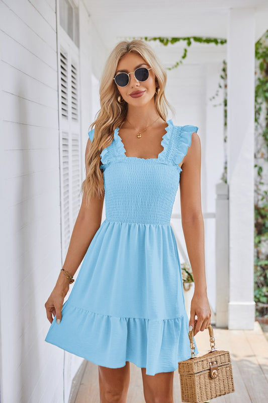 Women's Square Collar Pleated Short Dress - MediaEclat.store