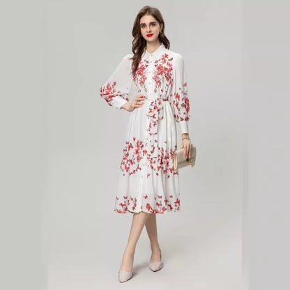 Heavy Industry Beads Printed Flowers On Chest Lace-up Long Sleeve Dress