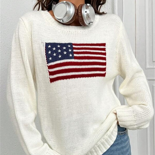 Women's Loose Round Neck Flag Sweater